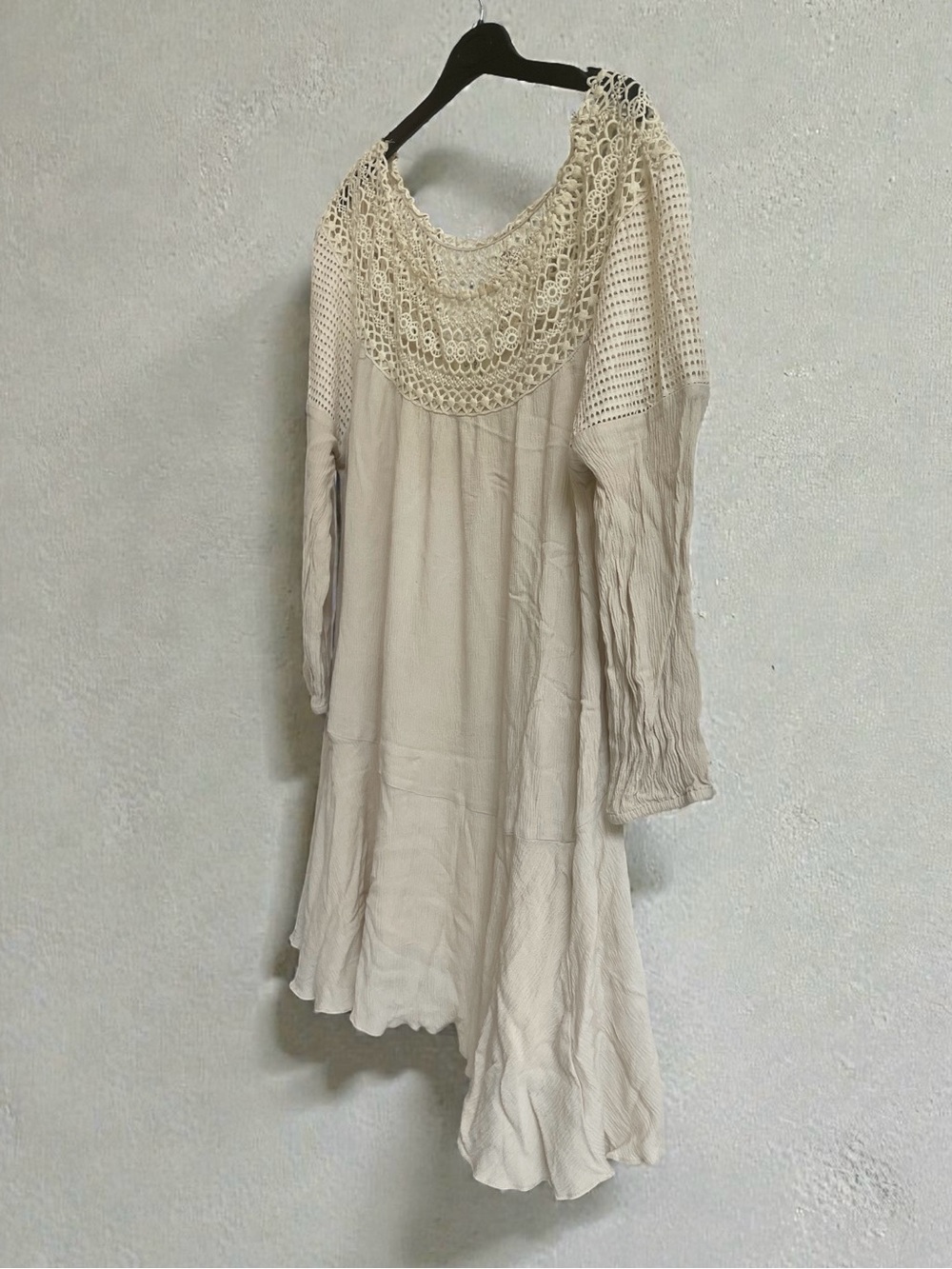 Umgee Boho Crochet Lace Neck Tunic Top Cream Crinkle Gauze Flowy Blouse S - Picture 3 of 7